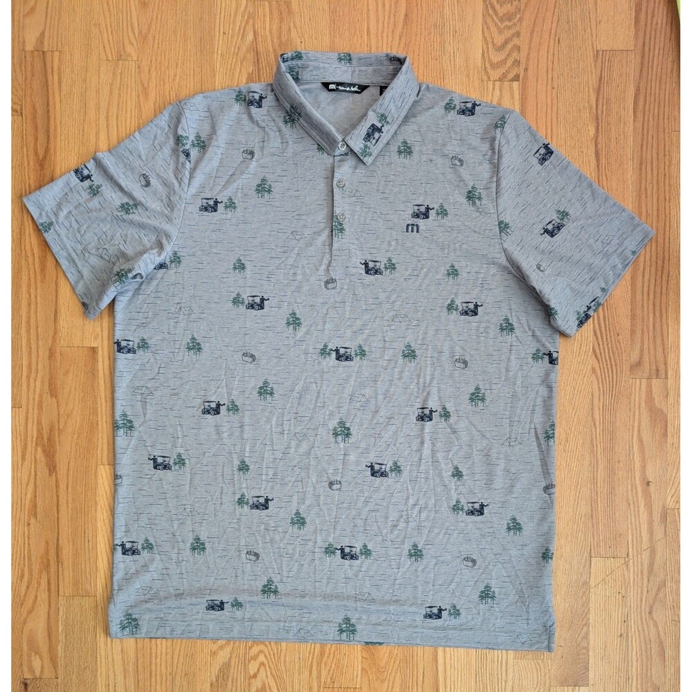 Travis Mathew Outfresh Polo Shirt Mens 3XL Gray Golf Cart Tree Camp Graphic Beer